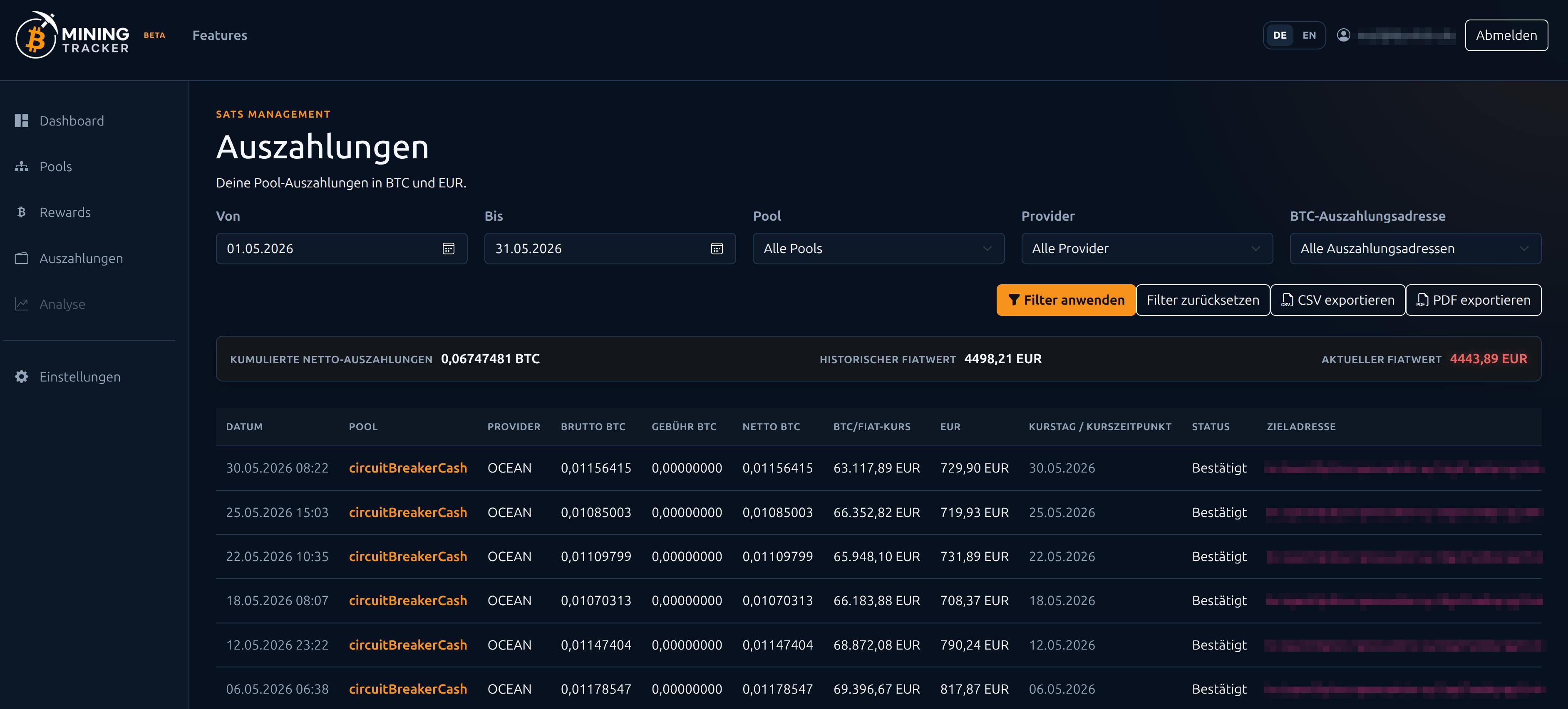 Mining Tracker Auszahlungshistorie mit Filtern, Zieladressen und historischen Fiat-Werten