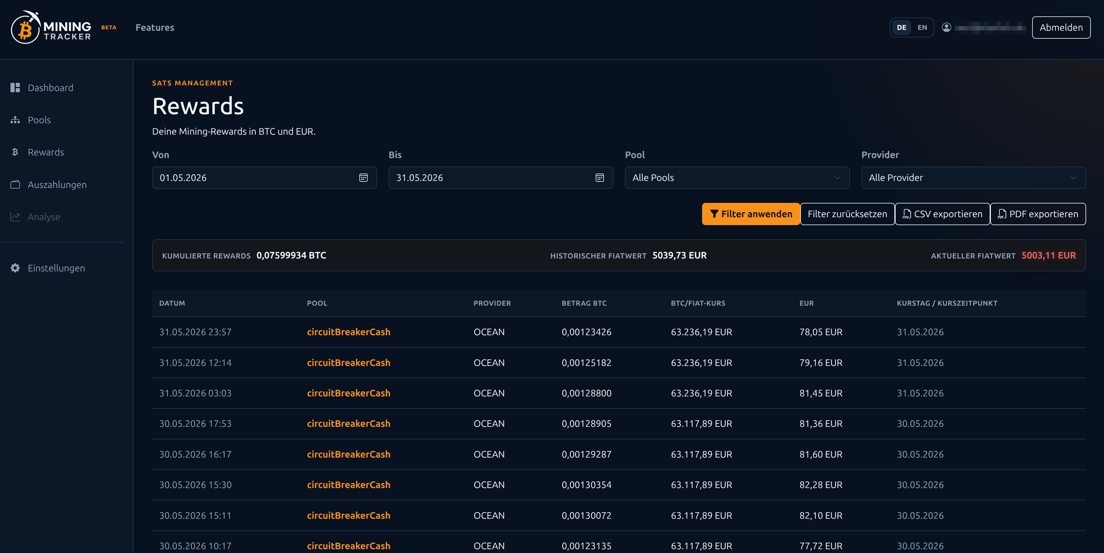 Mining Tracker Reward-Historie mit Filtern und historischen Fiat-Werten